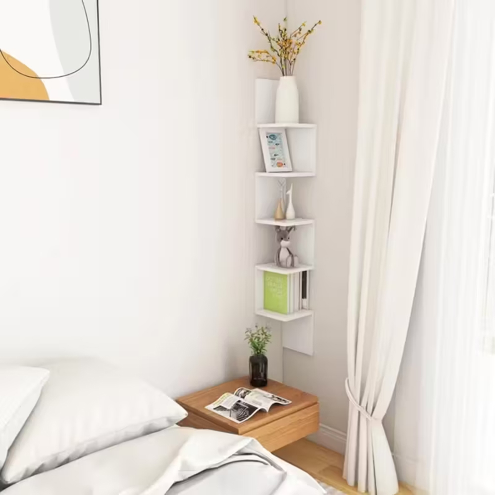 Alivio 5 Tier White Zigzag Wall Mounted Floating Corner Shelf Image 3
