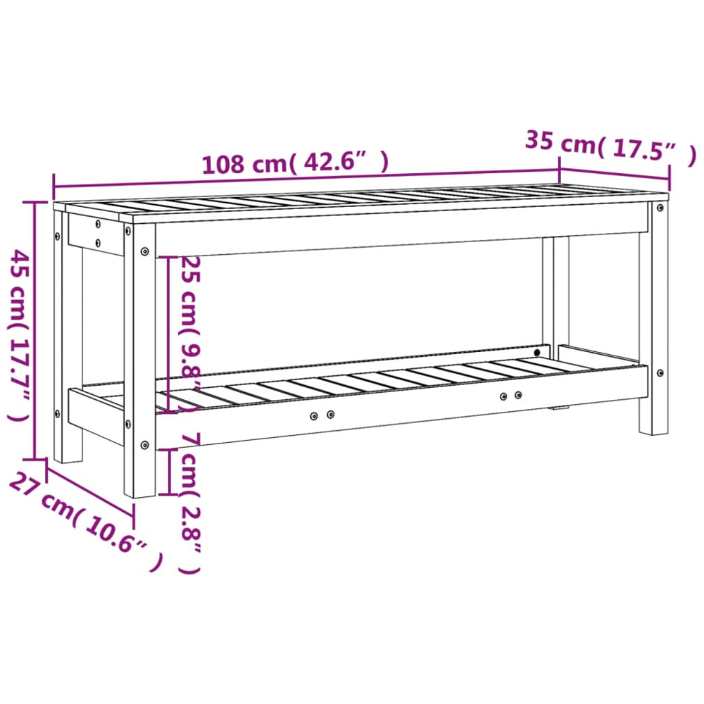 vidaXL White Solid Pine Wood Slatted Garden Bench with Shelf 108 x 35 x 45cm Image 9