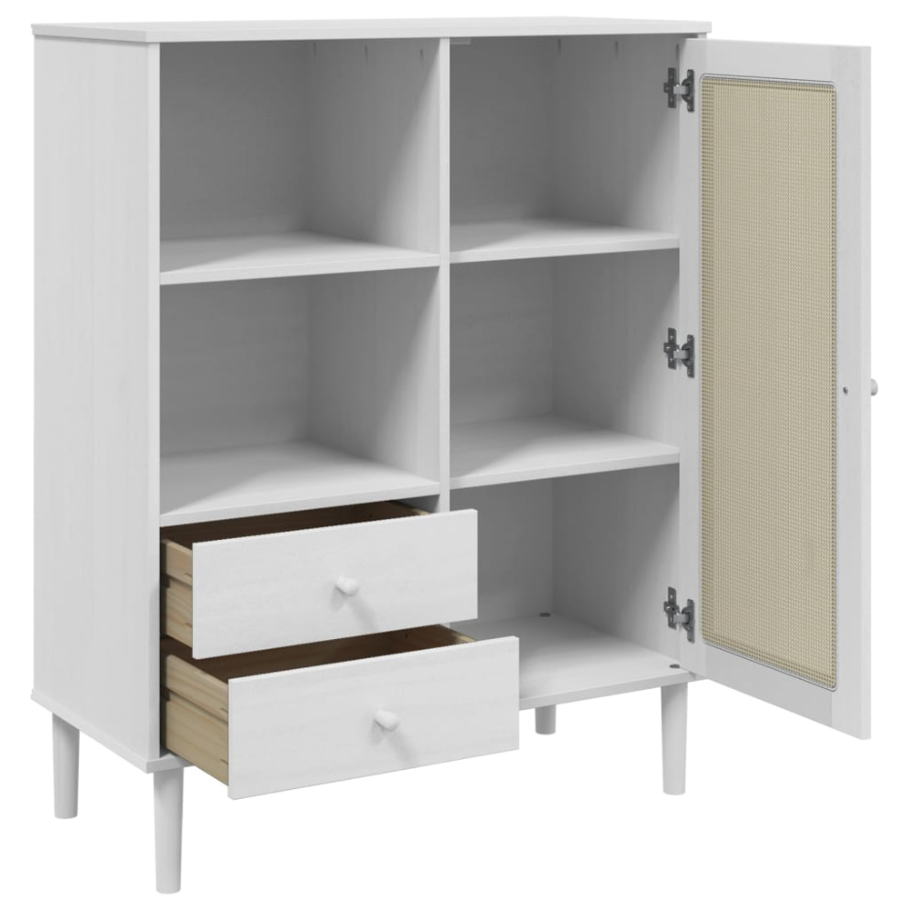vidaXL Senja Single Door 2 Drawer 2 Shelf White Solid Pine Wood Rattan Look Highboard Image 6