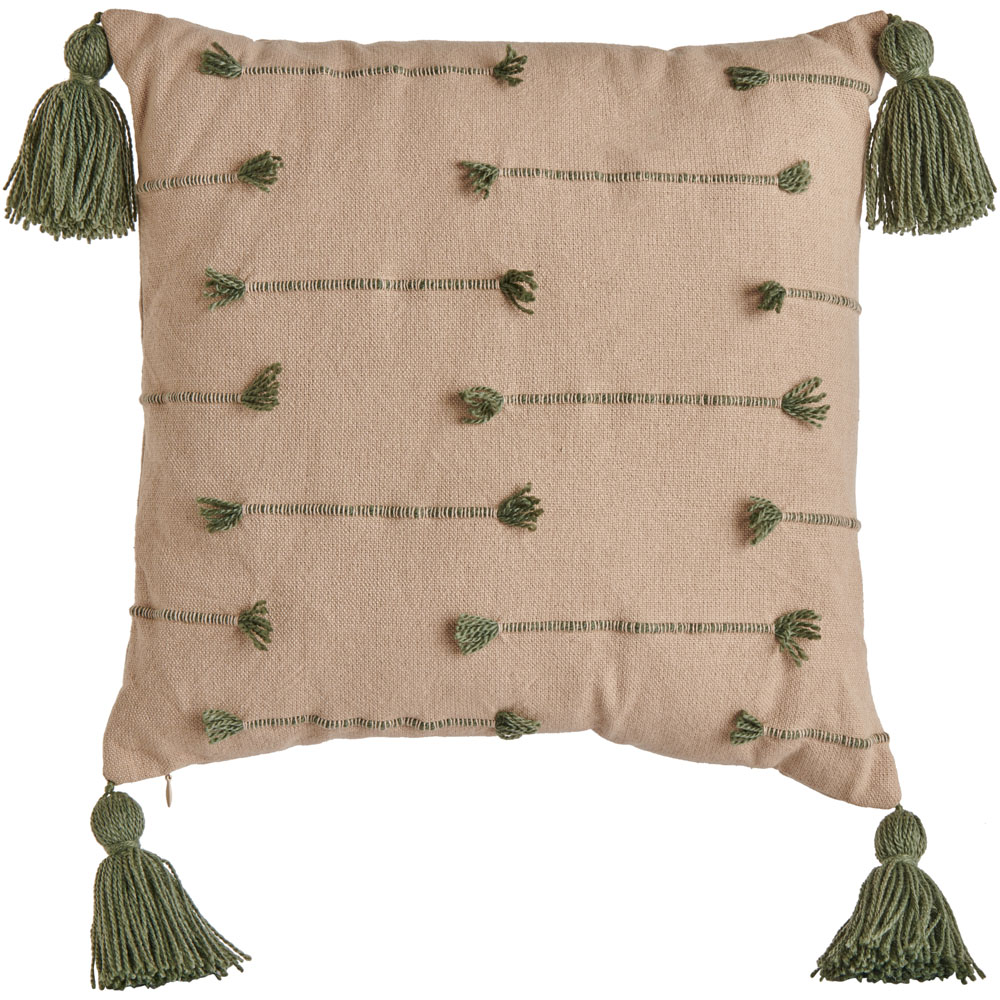 Wilko Natural Tufted Green Tassels Cushion 43 x 43cm Image 1
