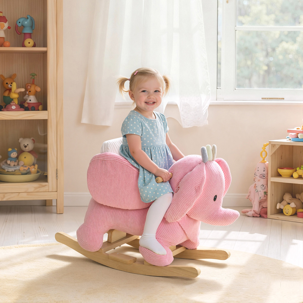 Tommy Toys AIYAPLAY Kids Pink Plush Ride On Rocking Elephant with Safety Belt and Interactive Sound Image 2