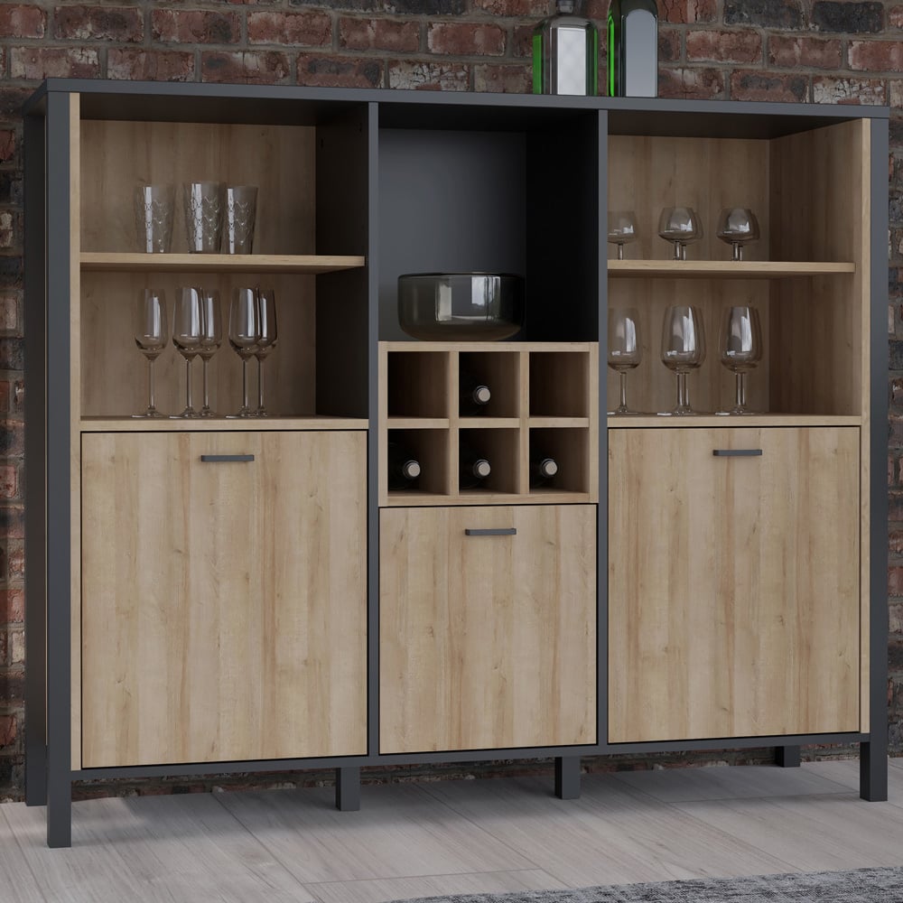 Florence High Rock 3 Door 5 Shelf Matt Black and Riviera Oak Shelf Unit with Wine Rack Image 1