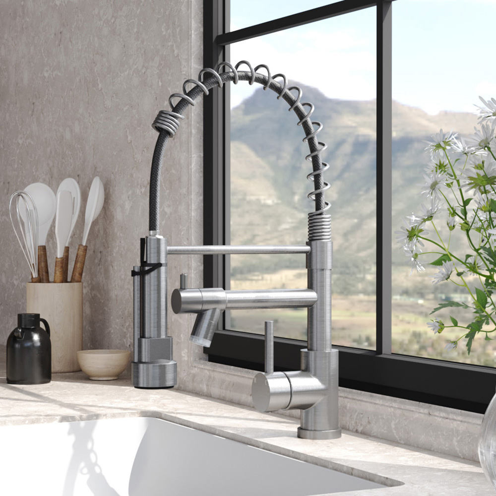Living and Home Gunmetal Grey 304 Stainless Steel Dual Spout Swivel Kitchen Faucet with LED Light Image 2