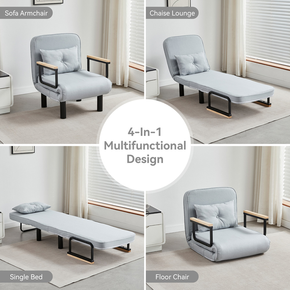 Single Seater Light Grey 4-in-1 Foldable Sofa Bed with Adjustable Backrest and Large Cushion Image 5