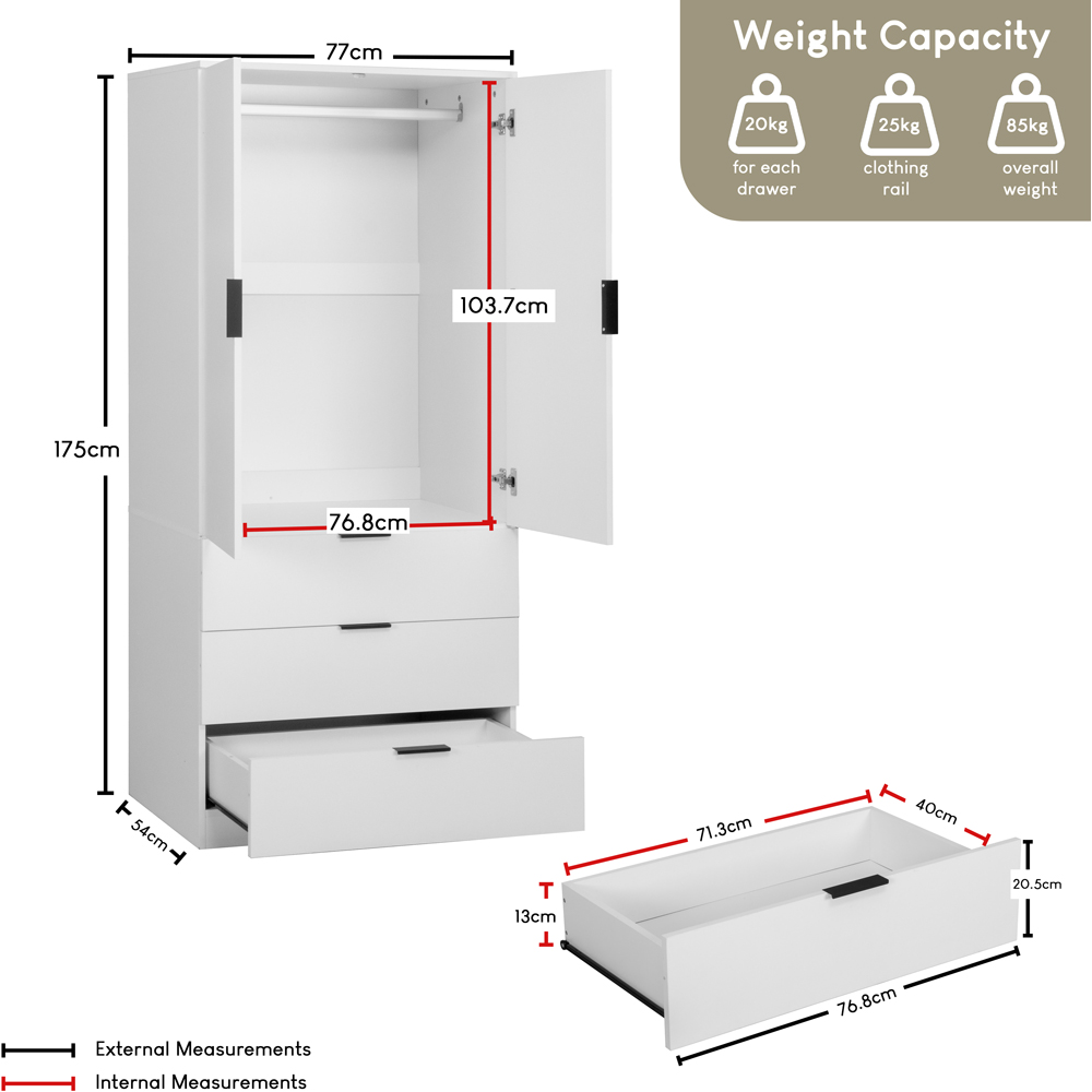 VIDA DESIGNS Trega 2 Door 3 Drawer White Wardrobe Image 9