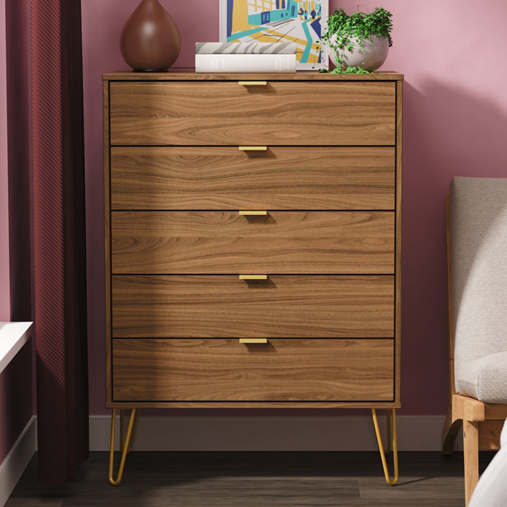 Crowndale Hong Kong 5 Drawer Carini Walnut Chest of Drawers Ready Assembled Image 1