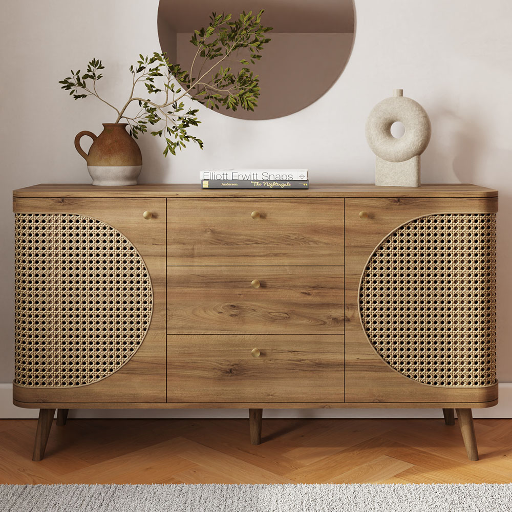 GFW Sorrel 2 Door 3 Drawer Oak Rattan Large Sideboard Image 1