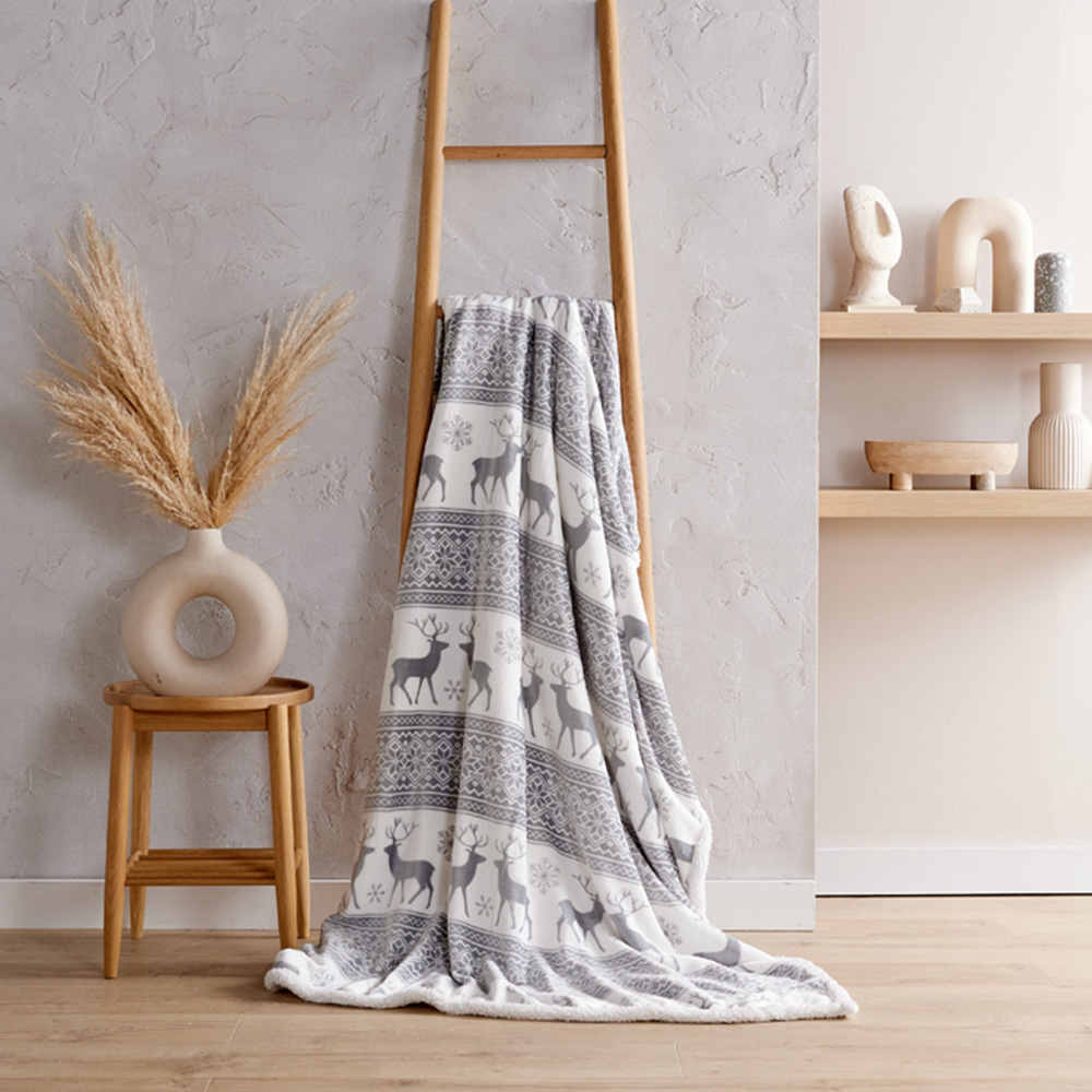 Bellissimo Grey Nordic Stag Sherpa Fleece Throw 130 x 180cm Image 2