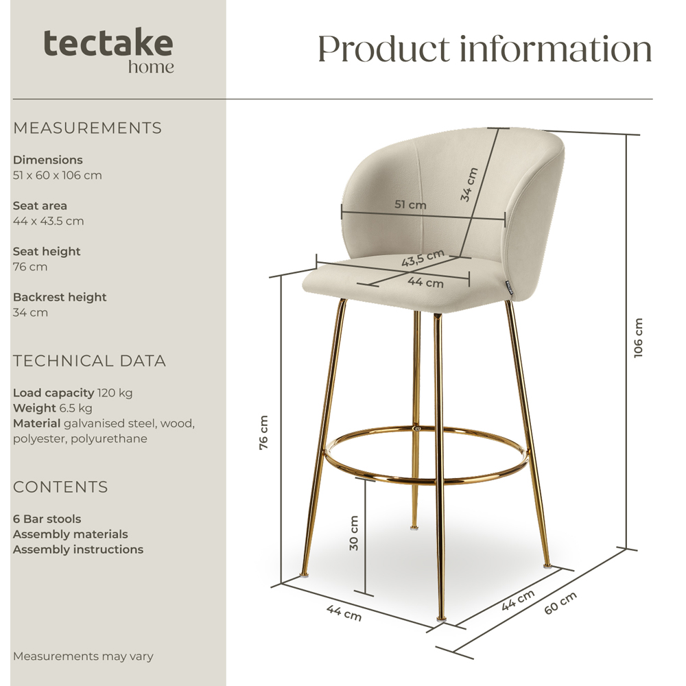 tectake Luana Cream and Gold Velvet Look Padded Bar Stool Set of 6 Image 8