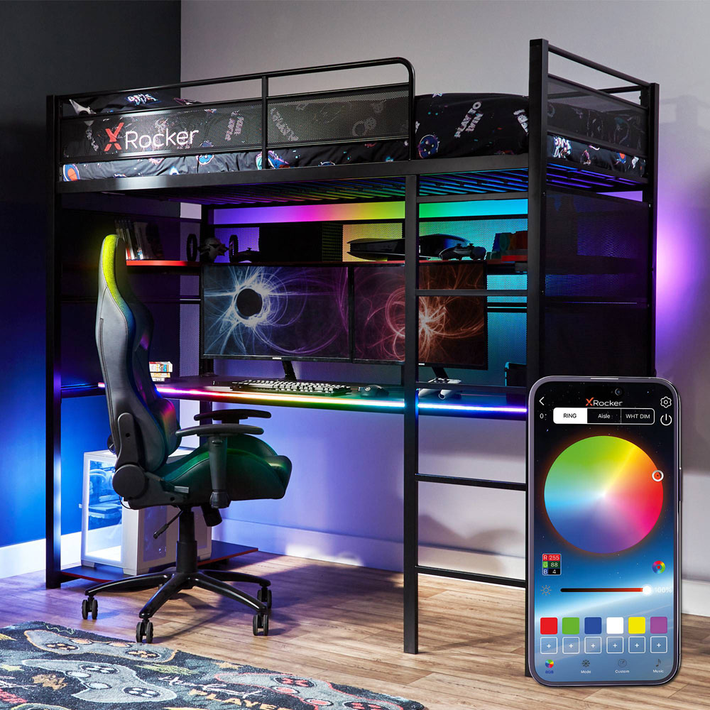 X Rocker Battlebunk Black High Sleeper Gaming Bed with App Controlled LED Lights Image 1