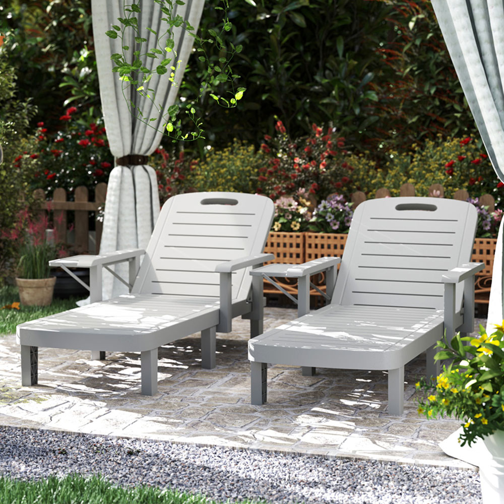 Outsunny Set of 2 Light Grey Resin Sun Lounger with Side Table Image 1