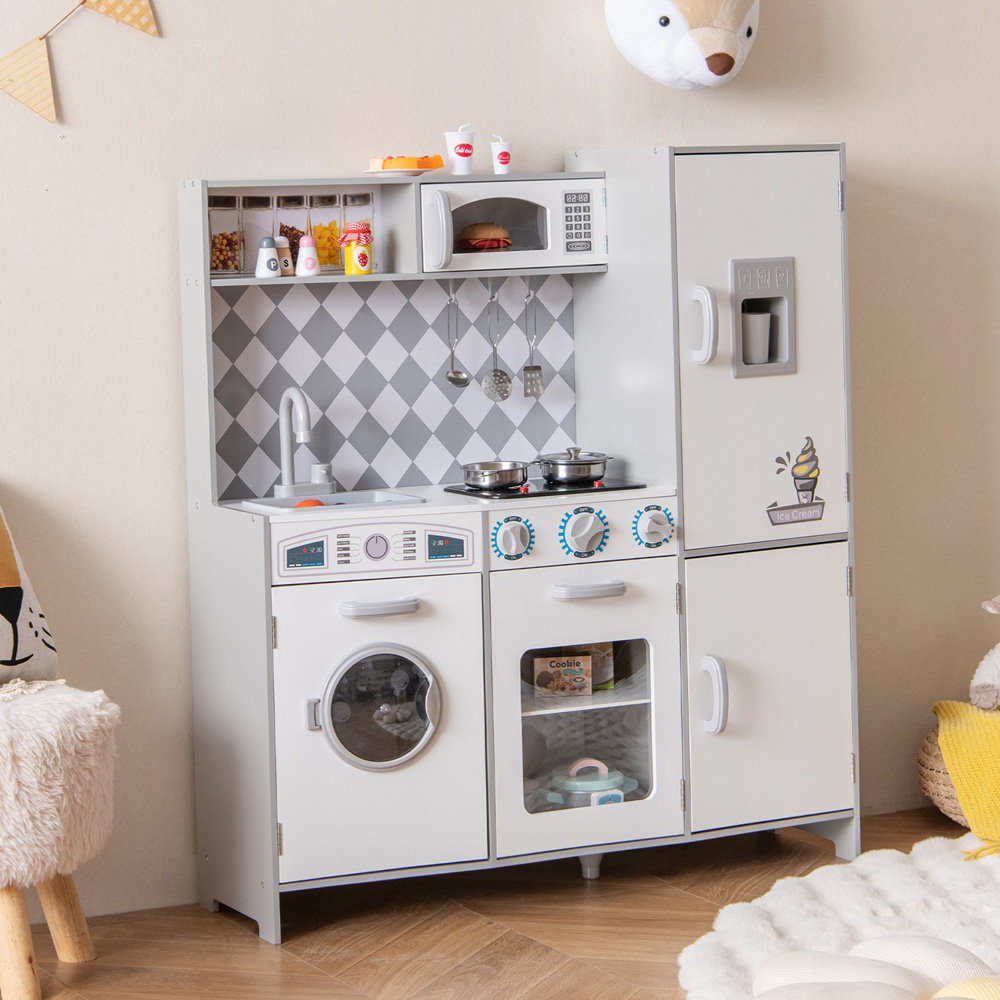 Costway Kids White Kitchen Play Set with Ice Maker and Cooking Stove Image 2