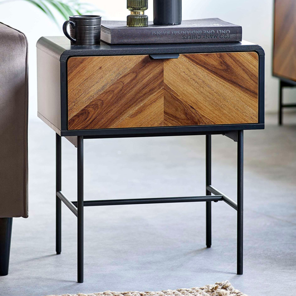 Julian Bowen Alvin Single Drawer Black and Chevron Natural Wood Effect Lamp Table Image 1