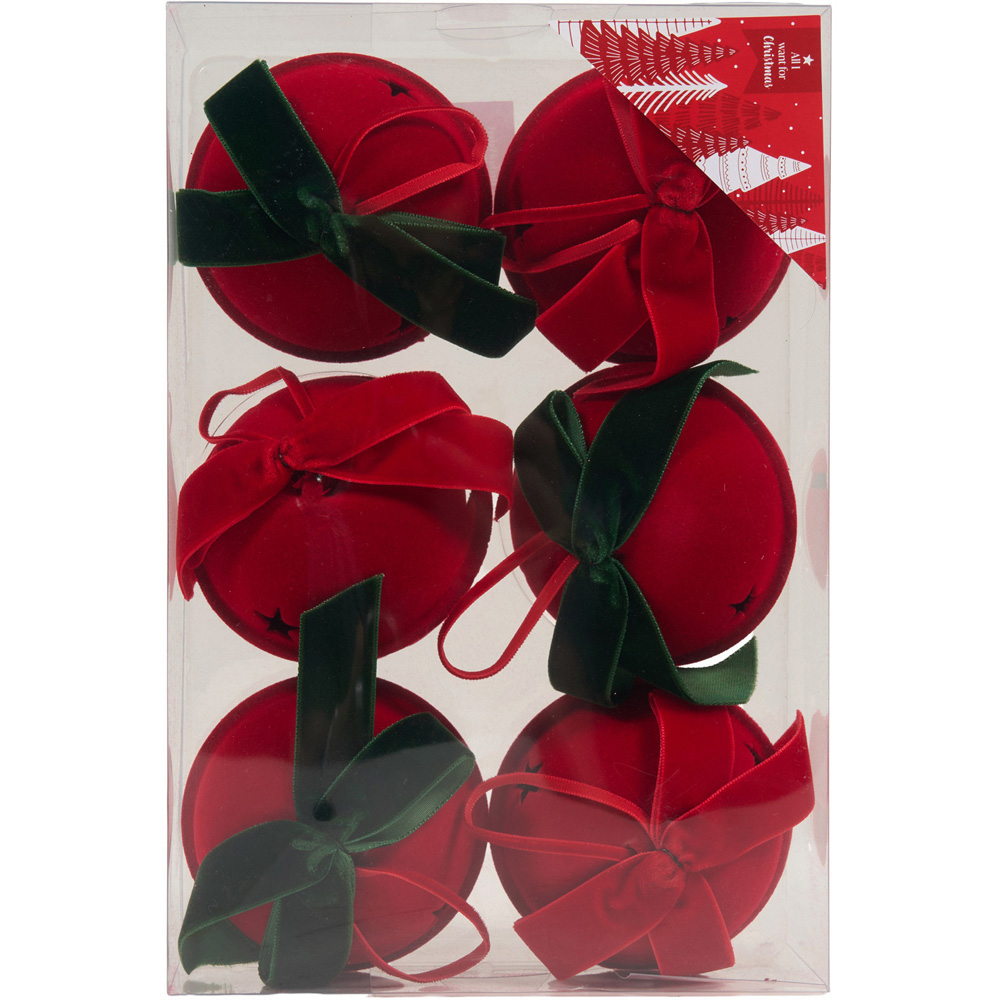 Pack of 6 Flocked Velvet Bow Bells Red Image 1