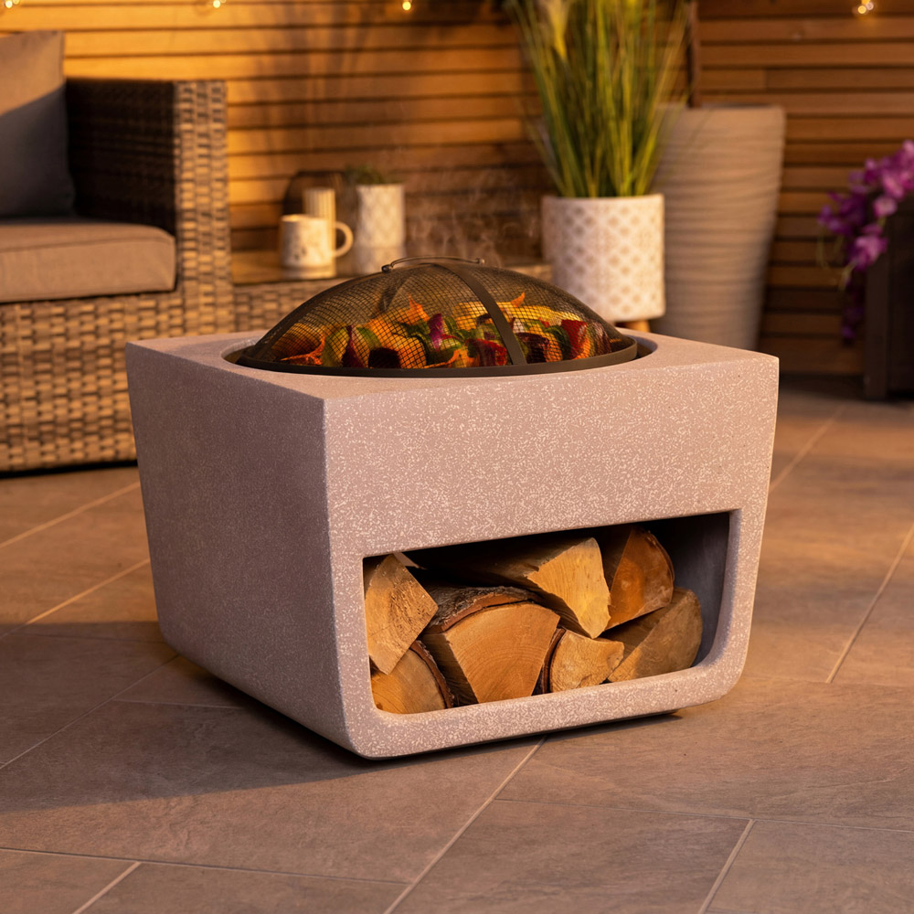 Charles Bentley Snug Lima Magnesia Square BBQ Firepit with Mesh Cover and Log Storage Image 2