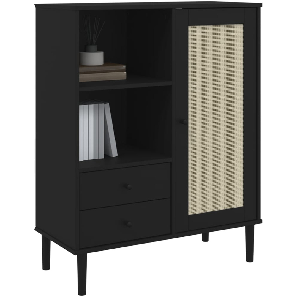 vidaXL Single Door 2 Drawer 2 Shelf Black Rattan Solid Pine Wood Highboard Image 3