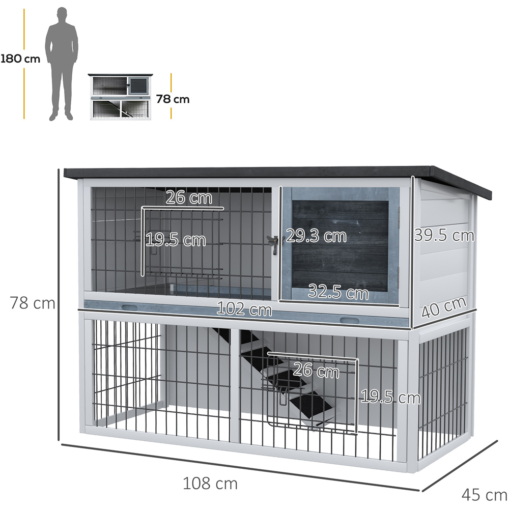 PawHut Grey 2 Tier Wooden Rabbit Hutch with Openable roof Image 6