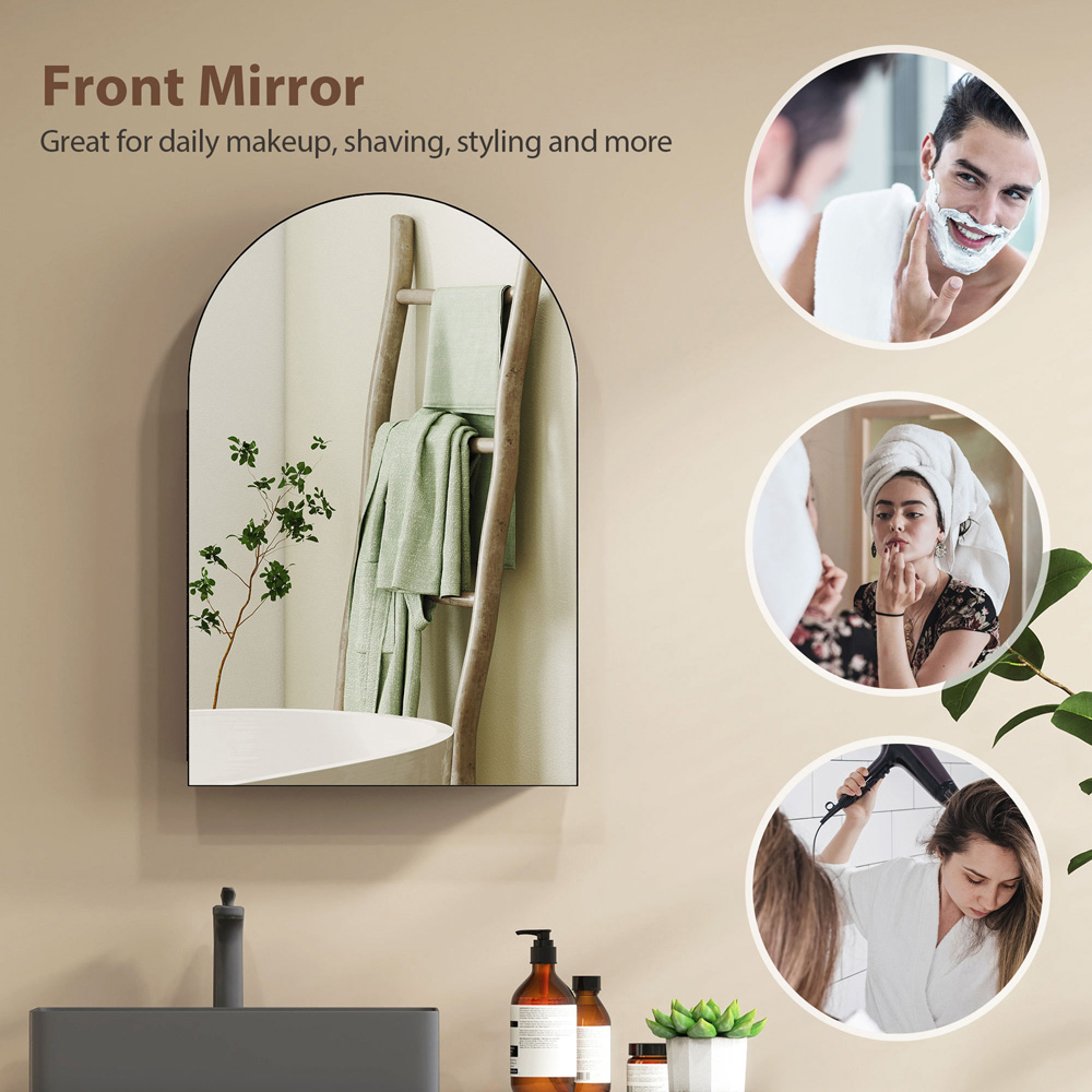 Portland 3 Hidden Shelf Black Arched Bathroom Mirror Cabinet Image 5
