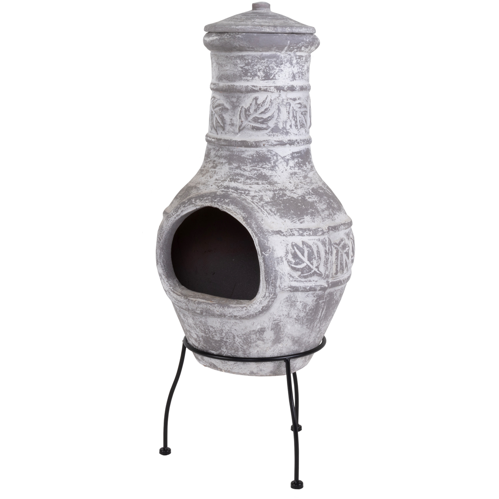 Charles Bentley Snug Acapulco Leaf Motif Grey Clay Chiminea with Lid and Stand Image 3