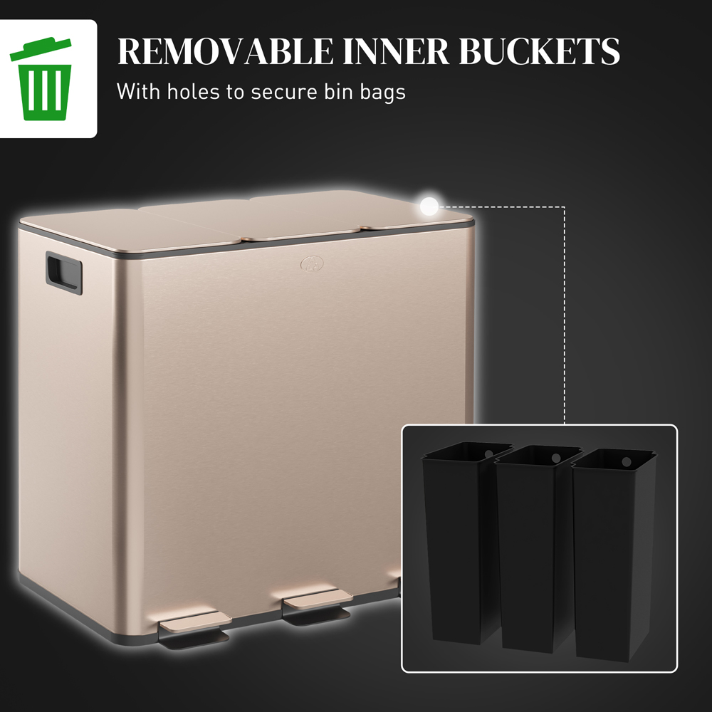 HOMCOM Gold Tone Triple Kitchen Bin Pedal Bin 45L Image 7
