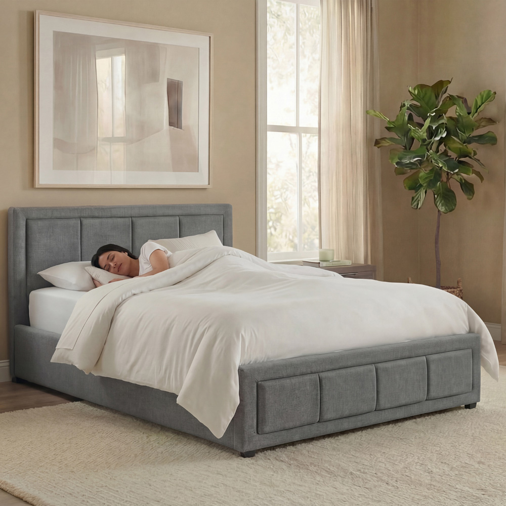 VIDA DESIGNS Vanita Single Light Grey Linen Ottoman Bed with Padded Headboard Image 4