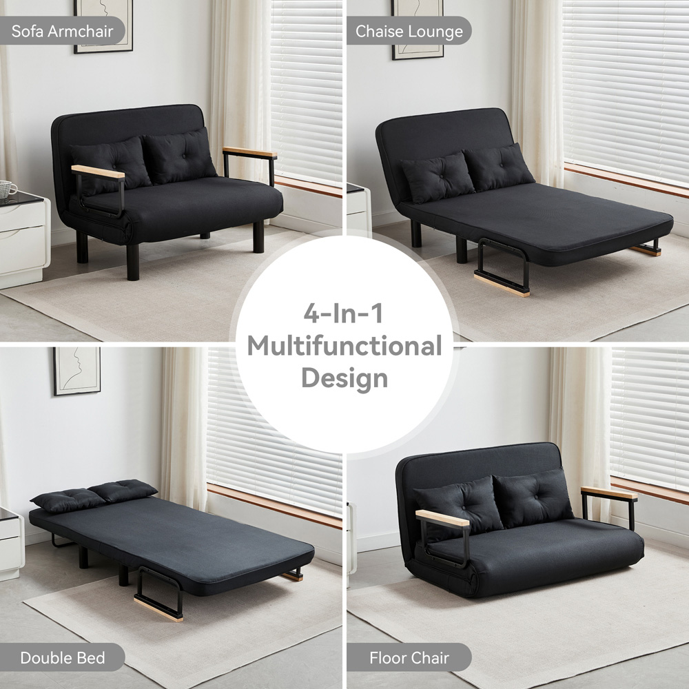 2 Seater Black 4-in-1 Foldable Sofa Bed with Adjustable Backrest and Large Cushion Image 5
