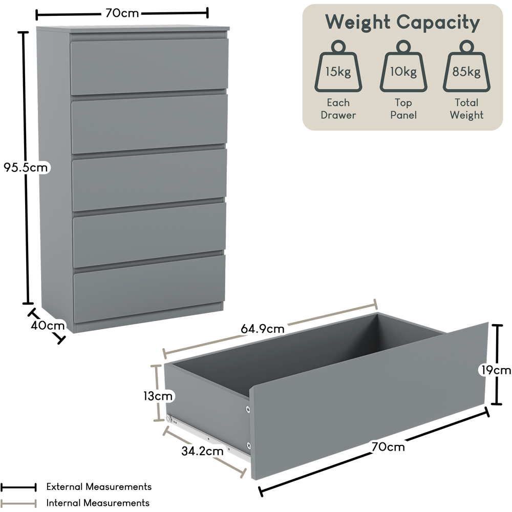 VIDA DESIGNS Denver 5 Drawer Grey Chest of Drawers Image 9