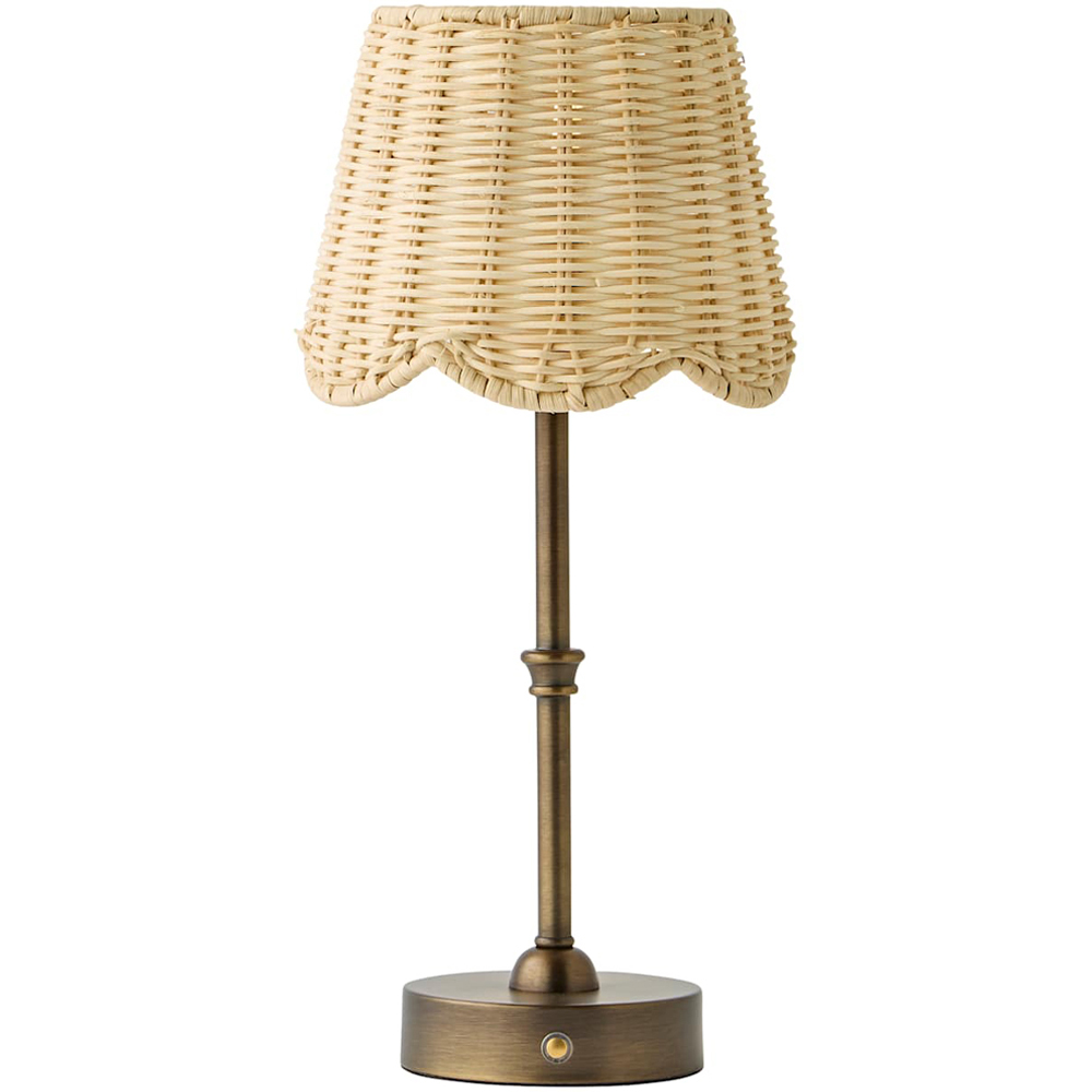 ValueLights Lowe Natural Rattan Tapered Shade Brushed Brass Rechargeable Table Lamp with Bulb Image 1