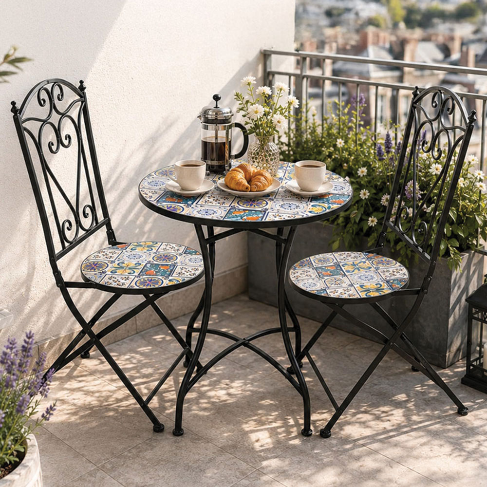 Shatchi Lisbon 2 Seater Mosaic Ceramic Tile Top Foldable Bistro Set Image 1