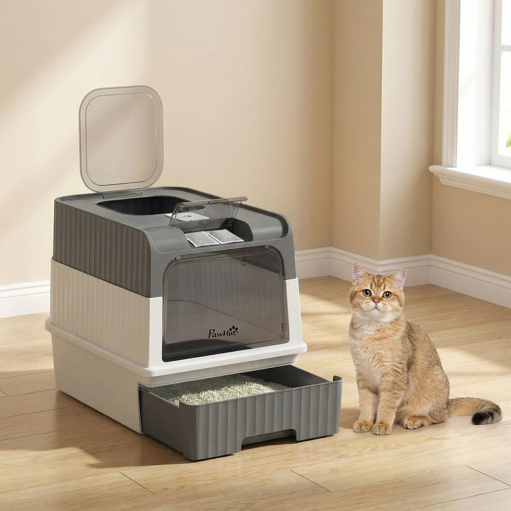 PawHut Grey Enclosed Cat Litter Box with Lid and Pull-Out Drawer Image 3