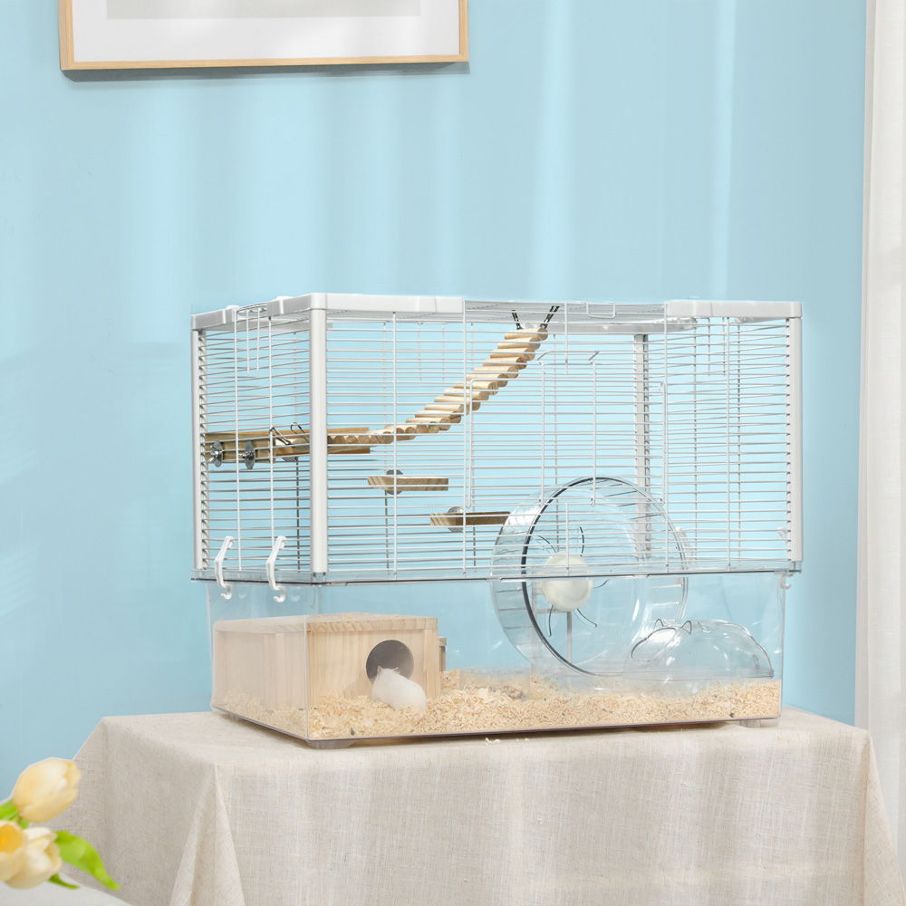 PawHut White and Natural Hamster Cage with Wooden Ramp and Exercise Wheel Image 2