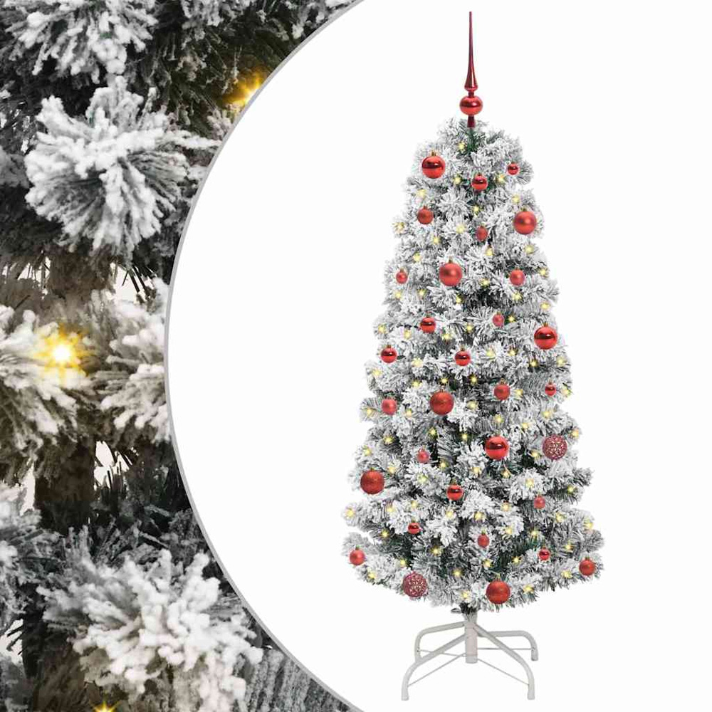 vidaXL Pre-Lit Warm White LED and Red Baubles Snow Flocked Artificial Christmas Tree 5ft Image 2
