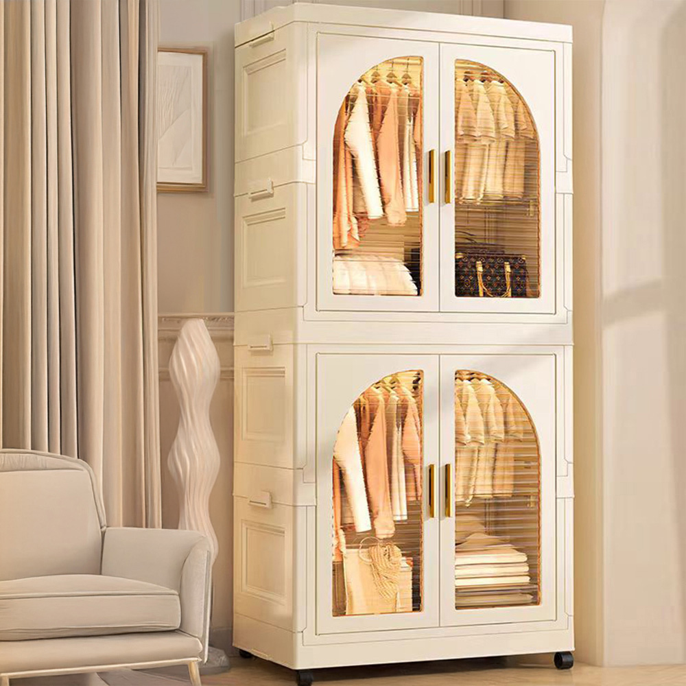 Living and Home 4 Door Cream and White Plastic Foldable Nursery Wardrobe with Wheels Image 7