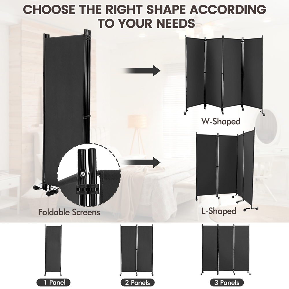 Costway 4 Panel Grey Folding Room Divider with Wheels Image 7