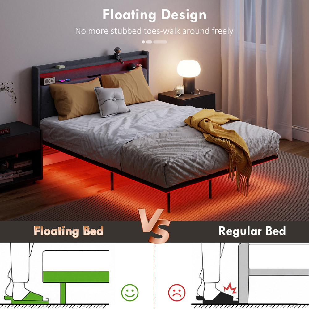 Portland Double Grey Upholstered Floating Bed Frame with RGB LED Lights Image 3