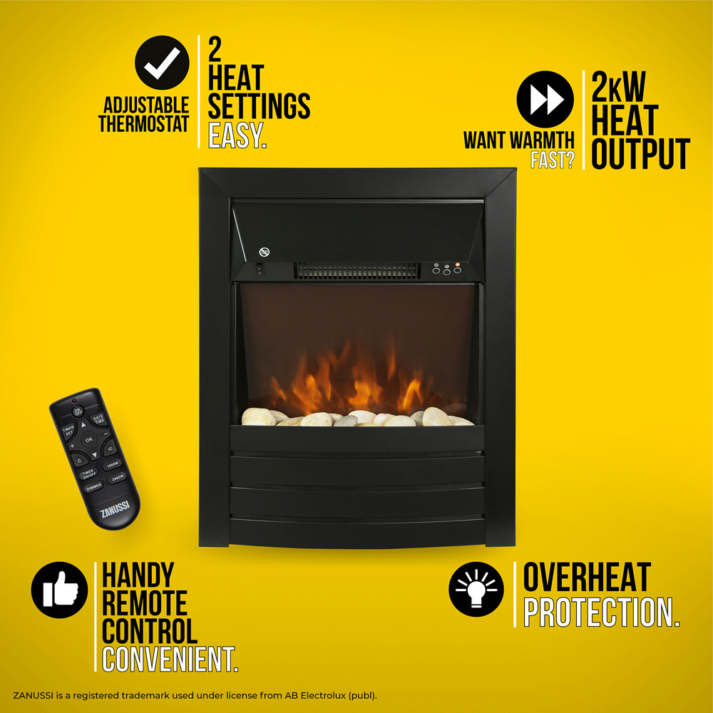 Zanussi 19 Inch Black Cast Iron Effect LED Electric Inset Fireplace with Pebbles and Remote 2000W Image 8