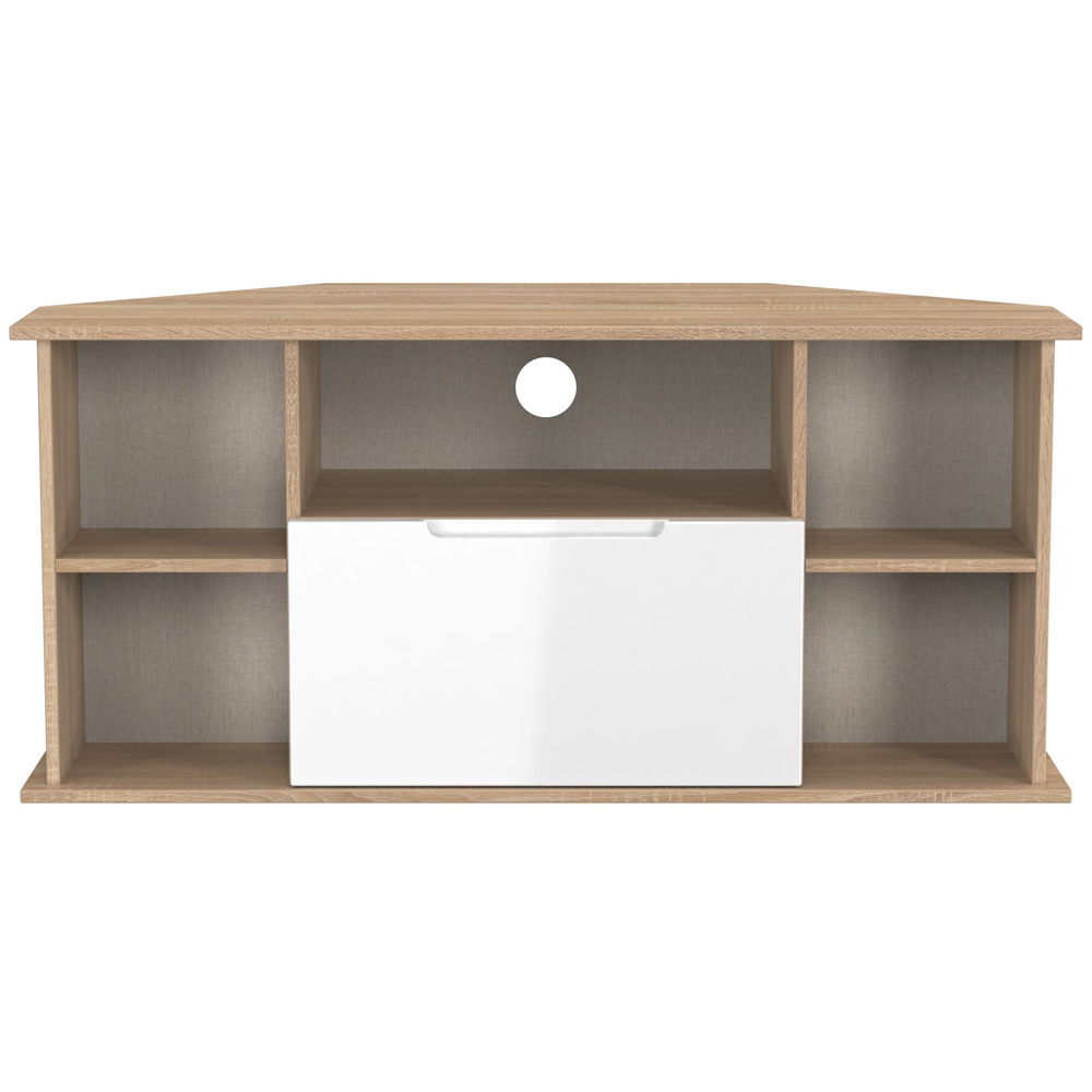 Crowndale Milan Single Drawer 5 Shelf White Gloss and Bardolino Oak Corner TV Unit Ready Assembled Image 2