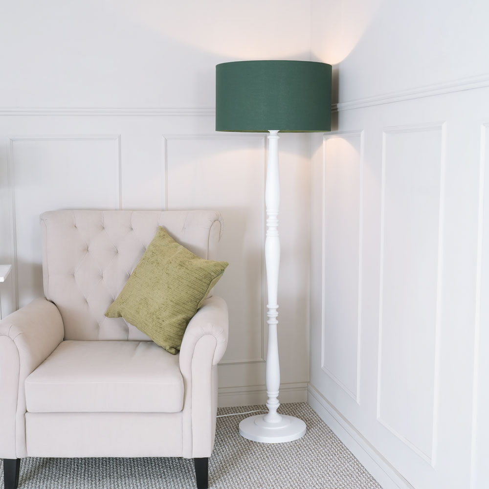 ValueLights Victoria Green Fabric Drum Shade White Wood Traditional Stem LED Floor Lamp Image 2