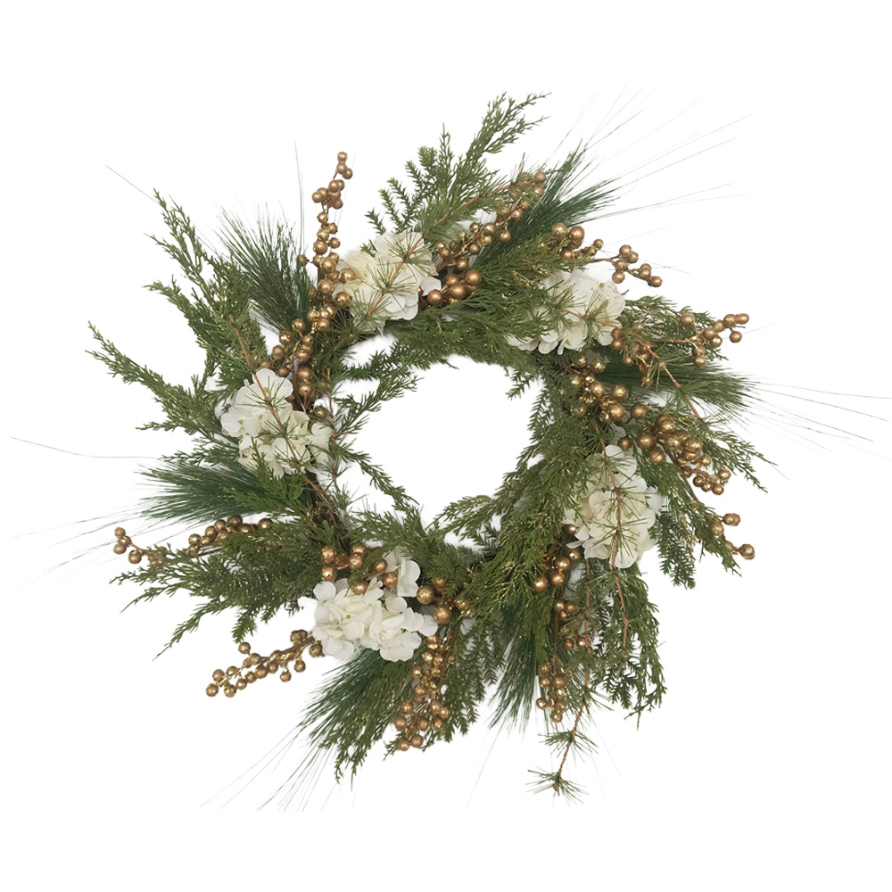 Shatchi Golden Berries and White Hydrangea Flowers Artificial Wreath 55cm Image 1