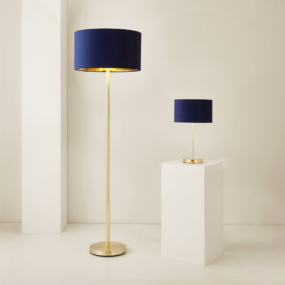 ValueLights Charlie Navy Velvet and Metallic Shade Gold Floor Lamp and Bulb Image 6