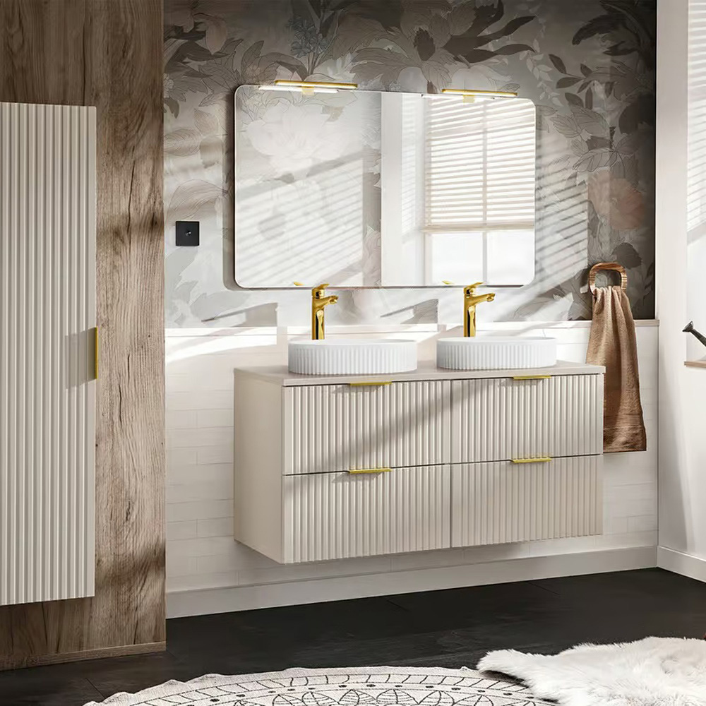 Impact Furniture Adel 4 Drawer Beige Fluted Wall Hung Double Vanity Unit with Basins 1200mm Image 7