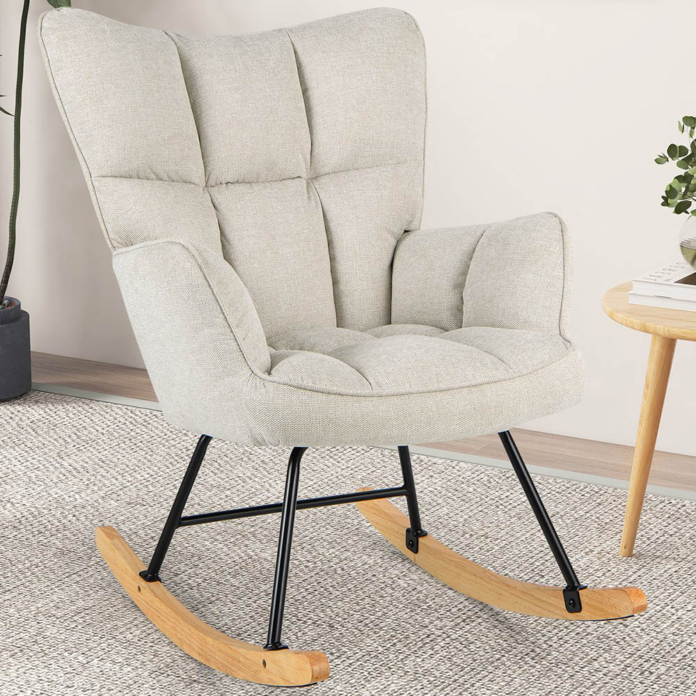 Costway Beige Linen High Backrest Nursery Rocking Chair Image 1