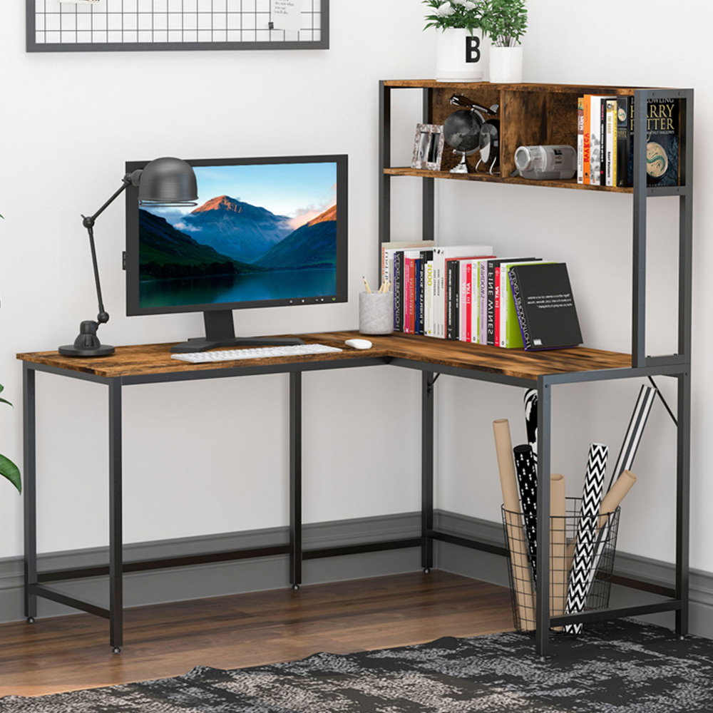 Portland 2 Shelf Industrial L-Shaped Corner Work Desk with Adjustable Feet Brown and Black Image 1