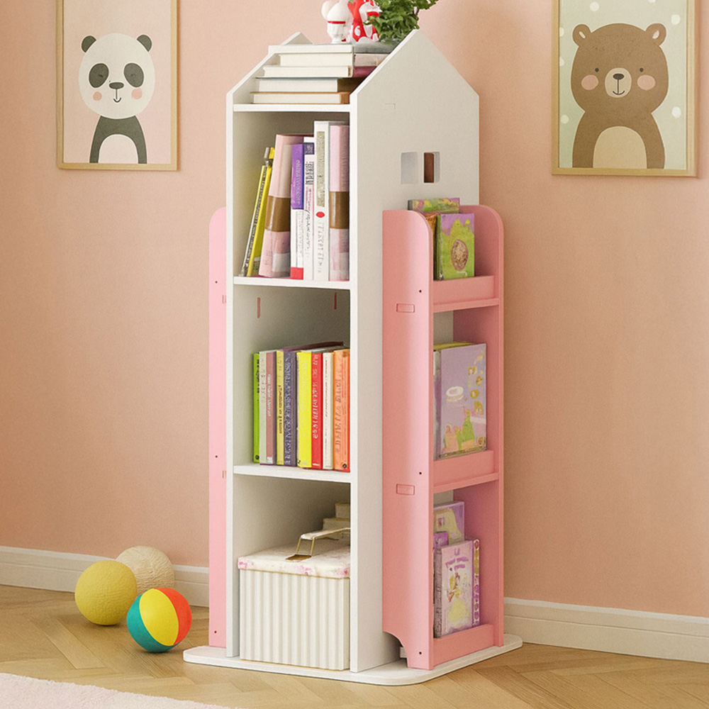 Neo Pink House Shaped Rotating Kid's Freestanding Bookshelf Image 1