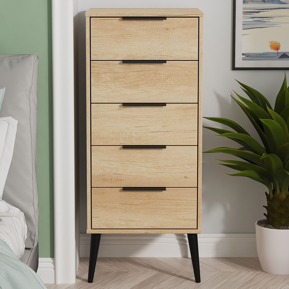 Crowndale Hong Kong 5 Drawer Nebraska Oak Tall Bedside Cabinet Ready Assembled Image 1