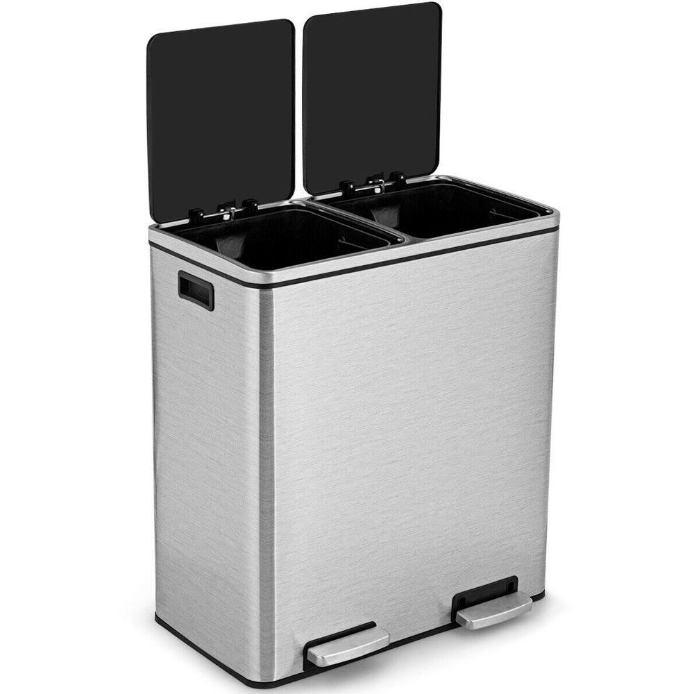 Costway Silver Double Recycle Pedal Bin with Removable Compartments 60L Image 4