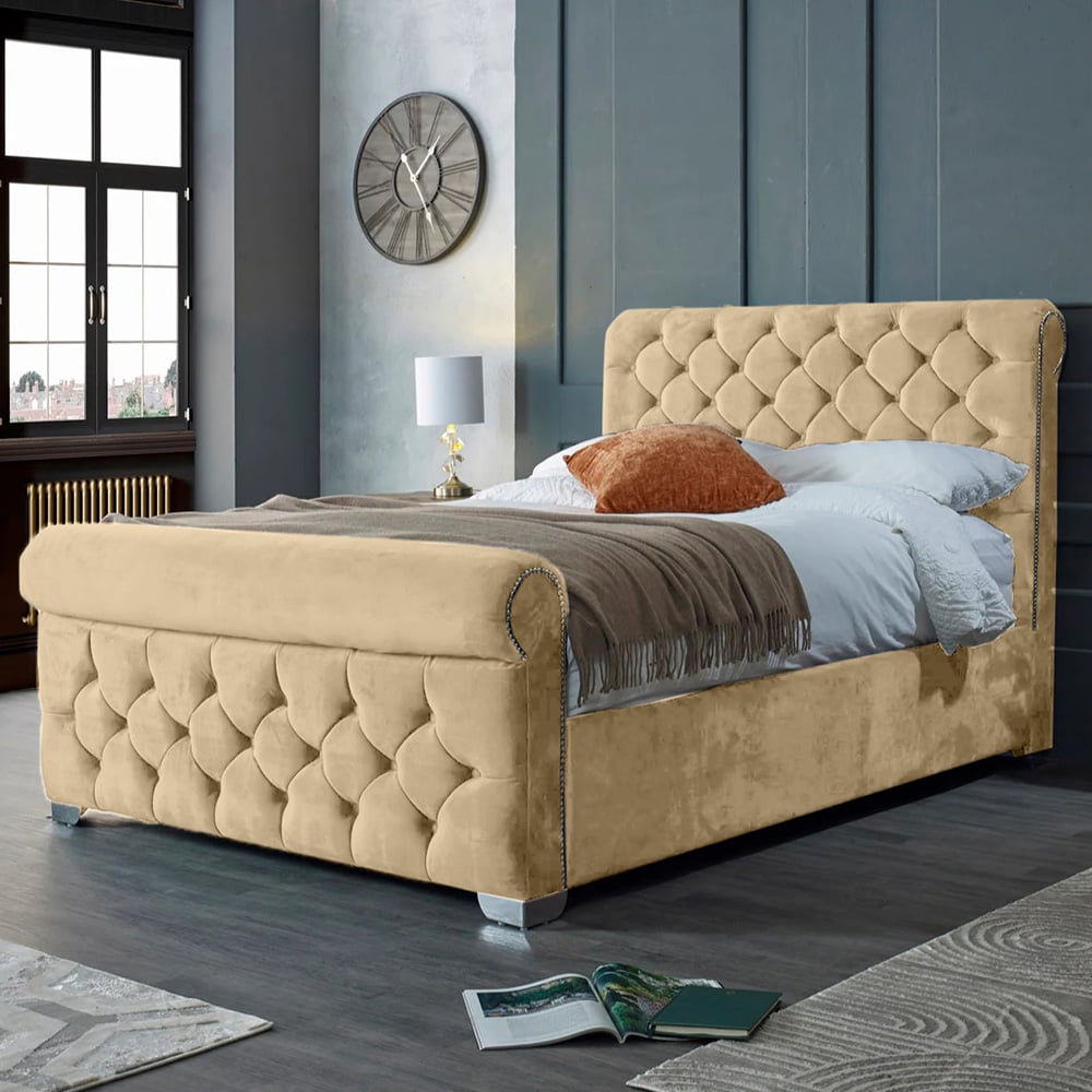 Eleganza Home Veneta Double Beige Plush Velvet Bed Frame with Chesterfield Headboard Image 1