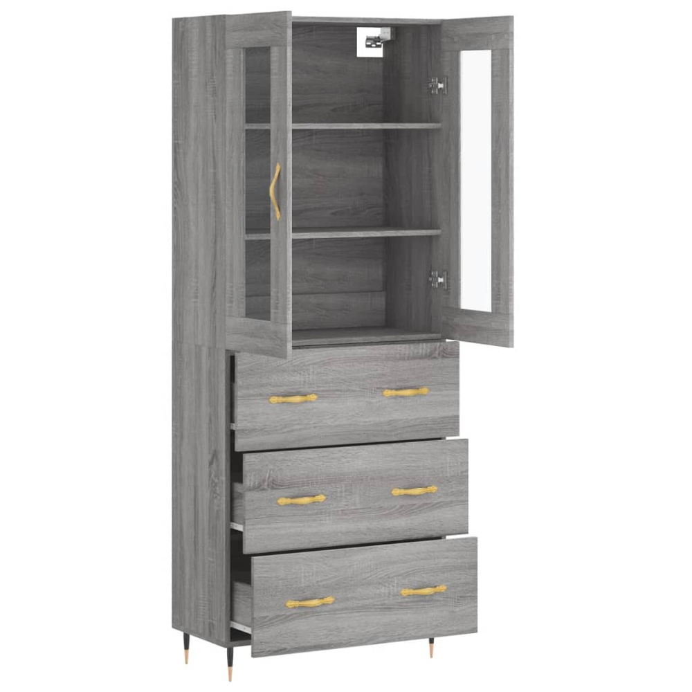 vidaXL 2 Glass Door 3 Drawer Grey Sonoma Highboard Image 4