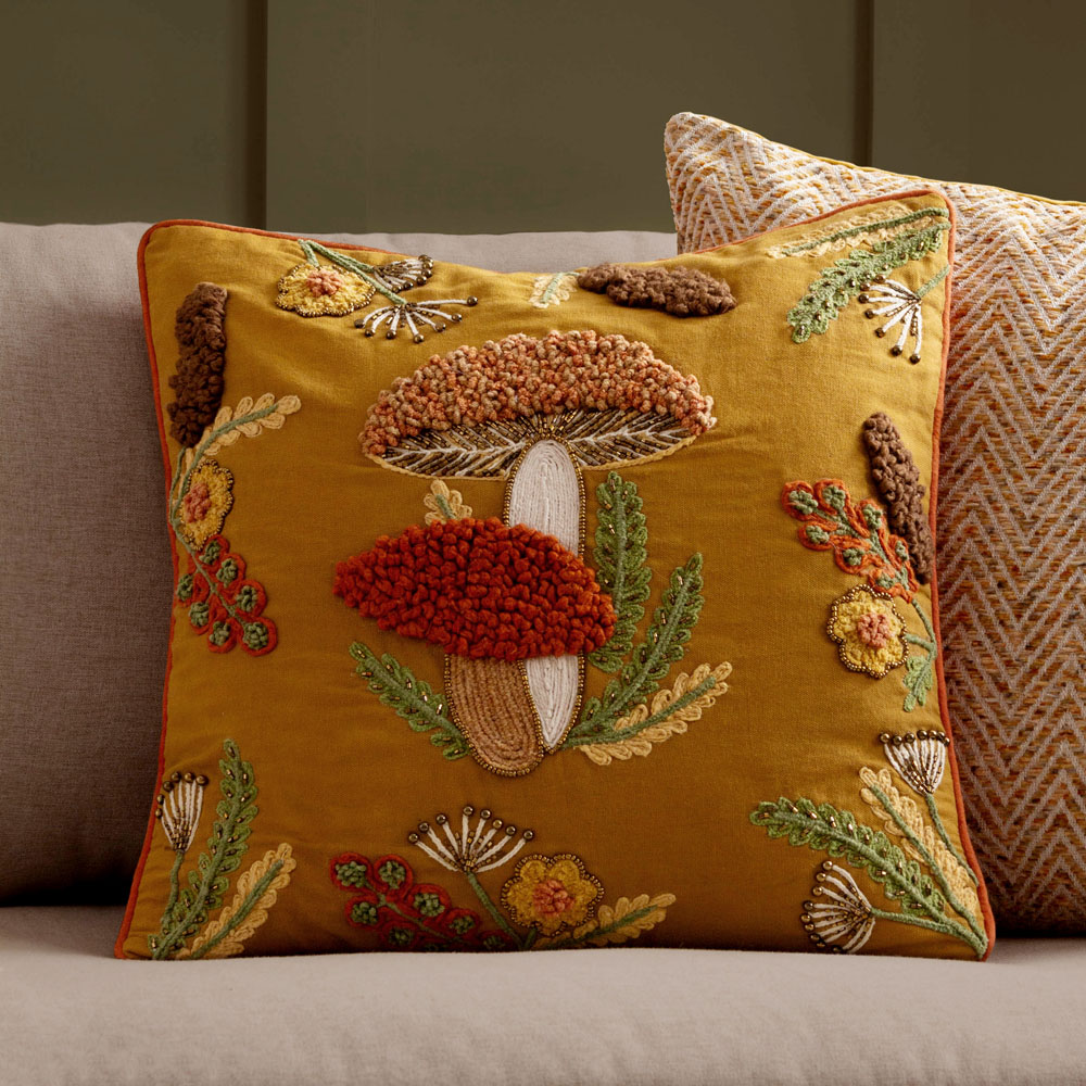 Wylder Nature Mushroom Dell Autumn Gold Embroidered Cotton Cushion 45 x 45cm Image 2