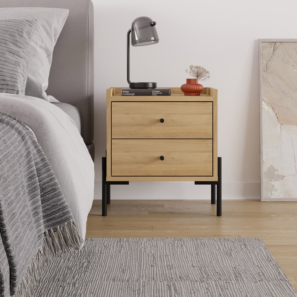 Decortie Malta 2 Drawer Oak and Black Metal Leg Bedside Table Image 5